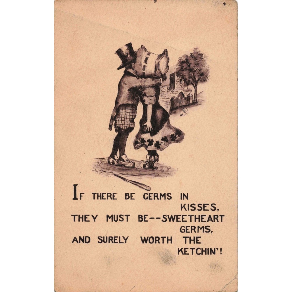 Vtg 1912 RPPC Sweetheart Germs Kissing Comic Postcard Majestic Rubbish 500 - Picture 1 of 2